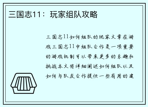 三国志11：玩家组队攻略